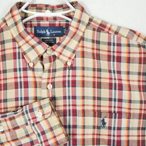 Ralph Lauren Greggor Mens Size Large Plaid Button Down Shirt Red Tan Long Sleeve